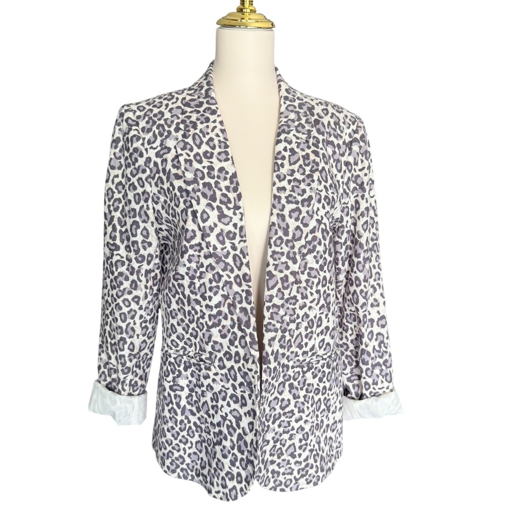 Rachel Zoe Womens Large Grey Leopard Print Linen Blend Open Front Blazer Jacket